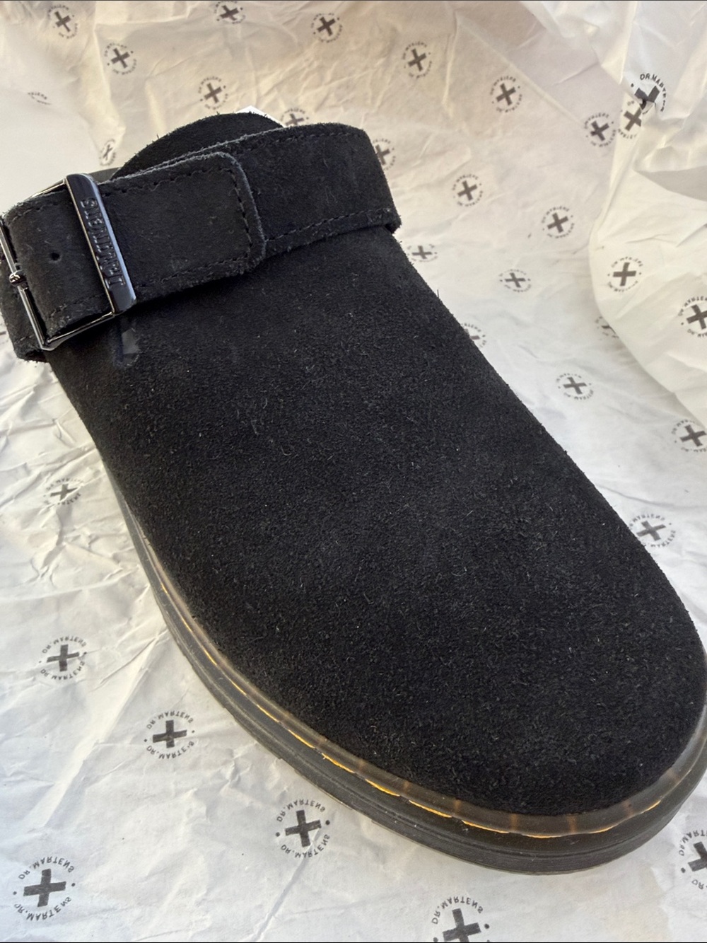 Dr. Martens Black Suede Buckle Clog